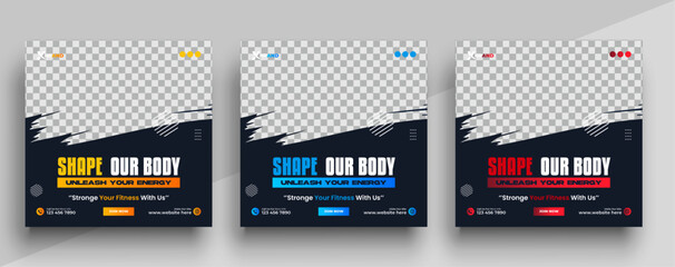 Gym and fitness social media post banner template with black yellow and blue color, Sports and Fitness social media post banner

