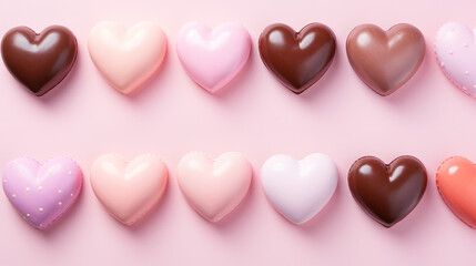 Fototapeta premium chocolate heart-shaped candies top view, Valentine's chocolates 