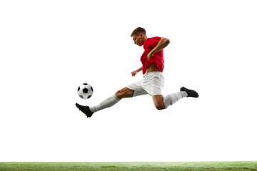 Aerial Symphony of Soccer. Athleticism. Portrait of soccer maestro orchestrates airborne pass, the...