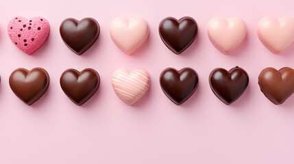 Fototapeta premium chocolate heart-shaped candies top view, Valentine's chocolates 