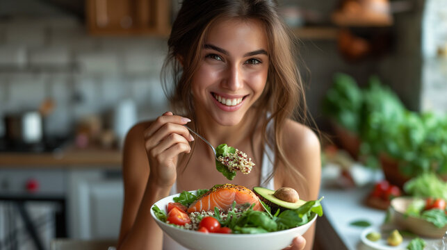 A young woman eating a bowl of healthy food