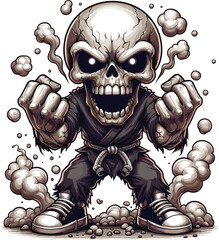Skull angry fighting pose theme drawing in a street outfit, chibi style