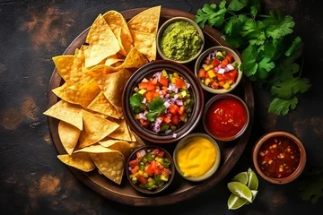 Fotobehang Top view fresh mexican food with nachos copy space generative AI © yuniazizah