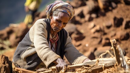 Woman of Ethiopian origin chopping wood nearby Wenchi Crater Lake, Ethiopia, Africa.


