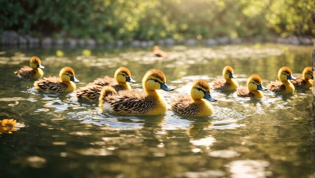 A bunch of cuddly ducklings floating in the calm pond © HEAVEN LIFE