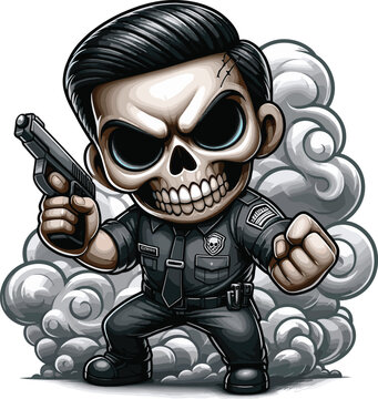 Skull become security holding gun theme drawing in a black outfit, chibi style