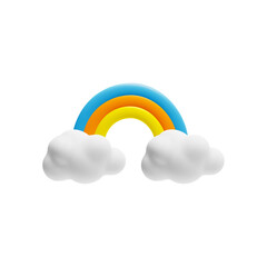 3d rainbow with clouds, weather icon, render colorful rainbow, cartoon realistic summertime object plasticine texture