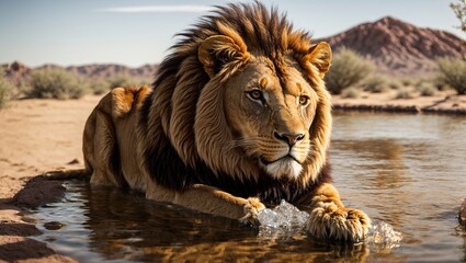 Obraz premium A regal lion, its golden fur glistening in the desert sun, bending down to drink from a crystal clear pond in the desert