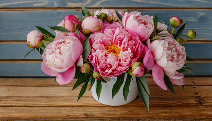 bouquet of fresh cut pink peony flower on wooden background