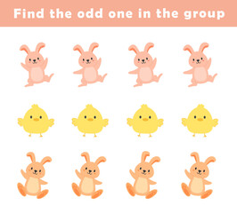 Find the odd one out for toddlers. Spot the difference for kids. Educational quiz worksheet with cute easter animals illustration. Logical activity for children.