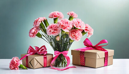 bouquet of pink carnation flowers and gift boxes; white background