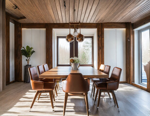 Brown leather chairs at wood dining table in room with abstract wood lining ceiling and paneling walls. Minimalist scandinavian interior design of modern dining