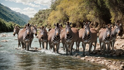 a harem of zebra gathered at the edge of a crystal clear river for drinking water from a river