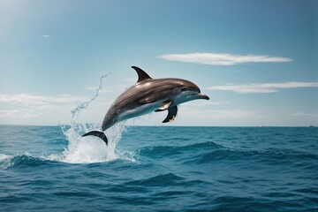 Fototapeta premium A majestic Common Bottlenose Dolphin gracefully leaping out of the crystal blue sea