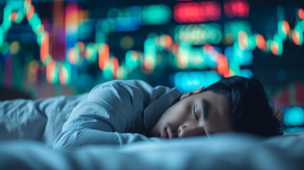 businessman or investor sleep with stock market background thinking about investment or trading, getting enough rest and not being too stressed results in better concentration