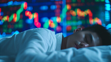 businessman or investor sleep with stock market background thinking about investment or trading, getting enough rest and not being too stressed results in better concentration - obrazy, fototapety, plakaty