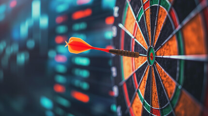 the dart is stuck on the target with stock market background, make a plan to reach your goals and success in terms of financial freedom and doing business - obrazy, fototapety, plakaty