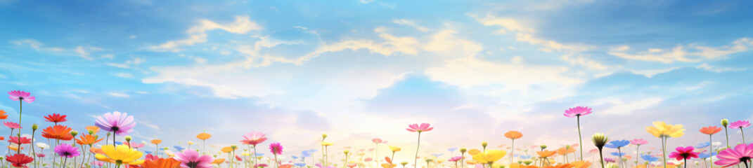 Fototapeta na wymiar The colorful flowers and sky together with sunlight, in the style of digital airbrushing, bokeh panorama, realistic blue skies, soft-edged, small brushstrokes, tilt shift, organic and flowing forms