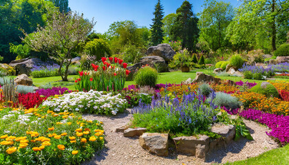 colorful mixed flower garden with rockery in royal botanical gardens
