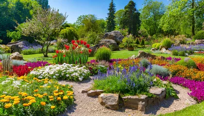 Aluminium Prints Garden colorful mixed flower garden with rockery in royal botanical gardens