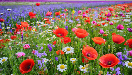 colorful mixed flower field with red poppies and purple daisies