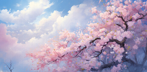 Spring cherry blossoms in the sky, in the style of light sky-blue and light purple, snow scenes, light pink and light crimson, pure color, light pink and dark brown, light pink and indigo

