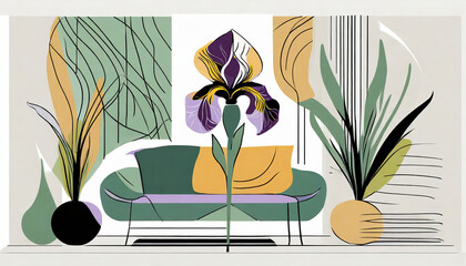 Contemporary iris oasis. Abstract iris prints, bold colors. Sleek furniture, clean lines. A contemporary and visually dynamic space with an abstract iris twist.