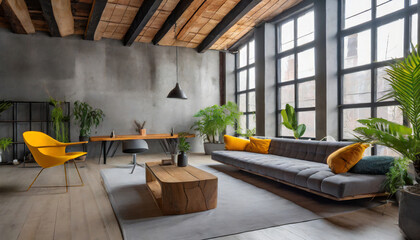 Obraz na płótnie Canvas Contemporary loft oasis. Exposed beams, industrial chic. Sleek furniture, open layout. A modern and airy space with a loft-inspired aesthetic.