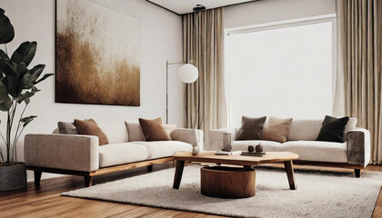 Contemporary living room with plush seating and a wooden coffee table. The wall features a mockup, offering a dynamic and customizable element to the space.