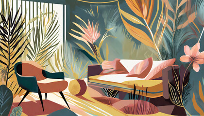 Contemporary floral oasis. Abstract floral prints, modern furnishings. Sleek lines, botanical...