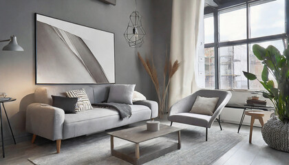 Contemporary Nordic urban lounge. Gray tones, sleek lines. Urban-inspired furniture, minimalist decor. Feminine urban details like soft throws and abstract art bring a modern and cozy feel.