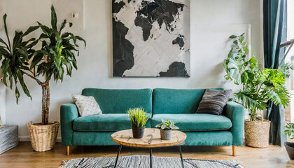 Contemporary Scandinavian design in a living room, featuring a mint sofa, designer furnishings, a mock-up poster map, lively plants, and elegant personal accessories