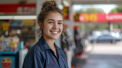 a female gas station employee, offering service with a genuine smile.