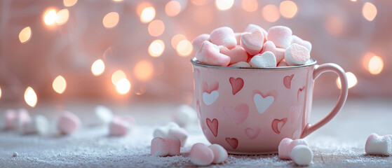 Pink mug on a pink background filled with marshmallows in the form of hearts. Valentine's day holiday concept