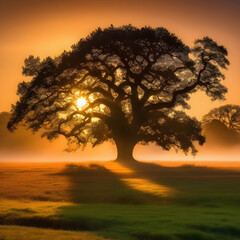 Fototapeta na wymiar Golden Sunrise Through Majestic Oak Tree