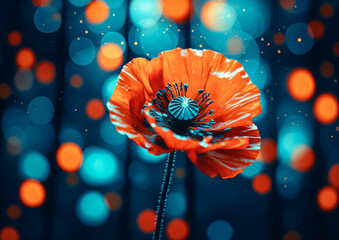 Five red poppies against blue background, in the style of soft and dreamy atmosphere, night photography, color splash, wimmelbilder, selective focus, shaped canvas, dark orange and light emerald

