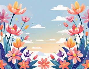 floral frame with fresh pink flowers against blue sky background