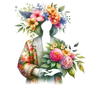 Watercolor illustration showcasing a woman adorned in beautiful flowers clothing, International Women's Day,Isolated on Transparent Background