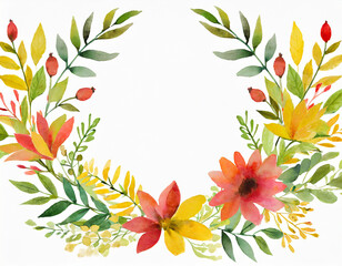 floral frame_ flower composition with yellow, red and green leaves