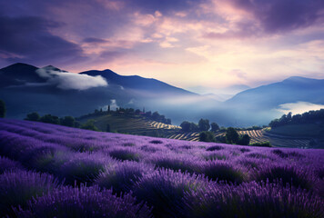 Obraz premium Lavender field in the pyrenees, France, in the style of light indigo and bronze, romantic atmosphere, dreamlike naturaleza