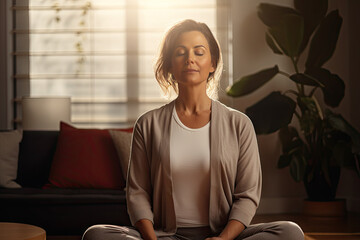 Middle aged woman meditating at home with eyes closed, relaxing body and mind in a living room. Mental health and meditation for no stress concept. Self care and wellbeing. High quality photo - obrazy, fototapety, plakaty