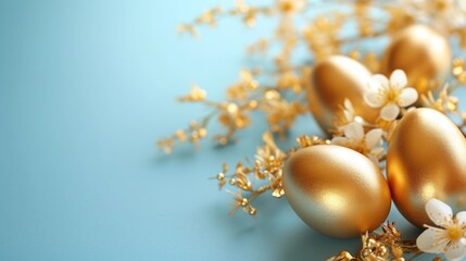 Naklejka na ściany i meble Elegant golden Easter eggs with shimmering flowers on a serene blue background. Easter card top view