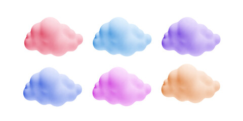 Colored clouds, set of volumetric 3d vector illustrations isolated on white
