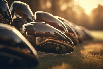 A set of new golf clubs on a beautiful golf - obrazy, fototapety, plakaty