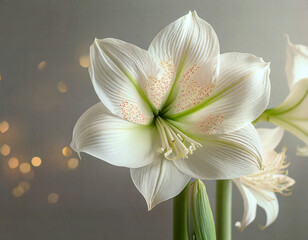macro of white christmas flower amaryllis on light background, graceful floral greeting card concept banner with space for text for december holiday season