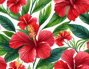 Lovely red hibiscus flowers. Seamless tropical wallpaper. Exotic tropical pattern. Hand drawn 3d illustration for fabric, wallpaper, paper