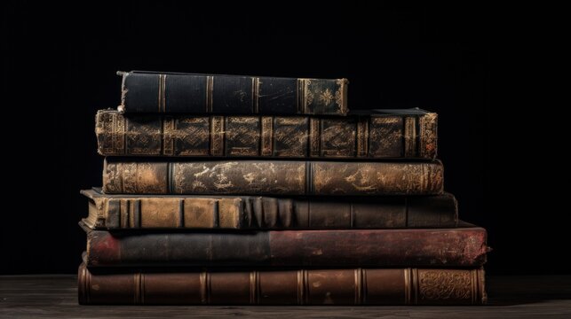 Stack of classic retro old books on the dark background. AI generated image