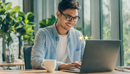 Man working with laptop computer and pointing hand to evaluate products quality and service by giving five stars and smiling faces convey satisfaction in very good level on customer services