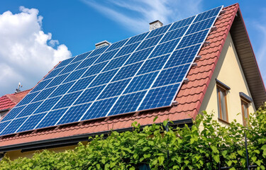 Fototapeta premium A handyman installing solar panels on the rooftop