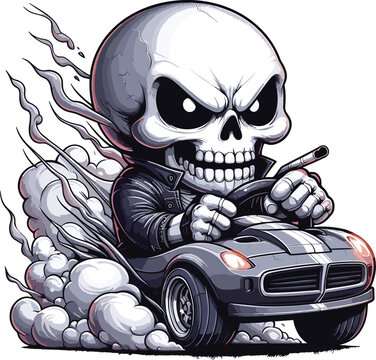 Skull driving car theme drawing in a punk outfit, chibi style